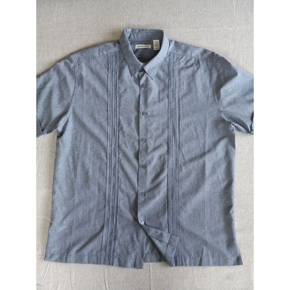 CUBAVERA Men XL Short Sleeve Buttons Summer‎ Embroidered Design Aztec Blue Shirt